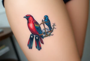 one of the birds red wearing a suit, other bird navy blue with glasses or holding a book, scales of justice built into a tree, starry night painting and mountain background tattoo idea