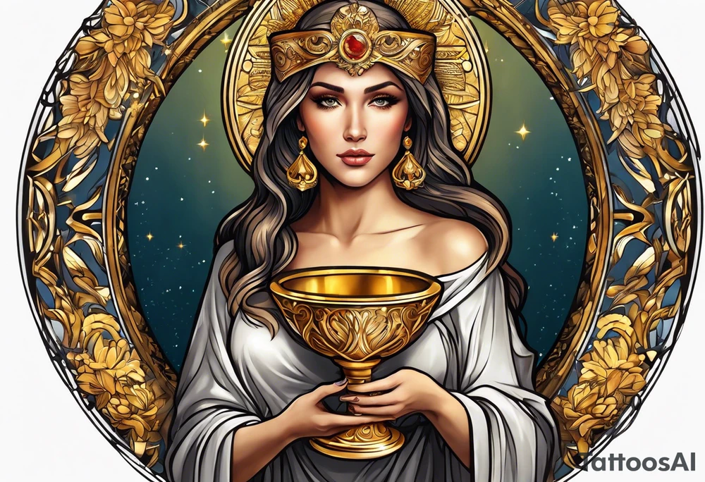 woman saint holding chalice surrounded by golden halo portrait tattoo idea