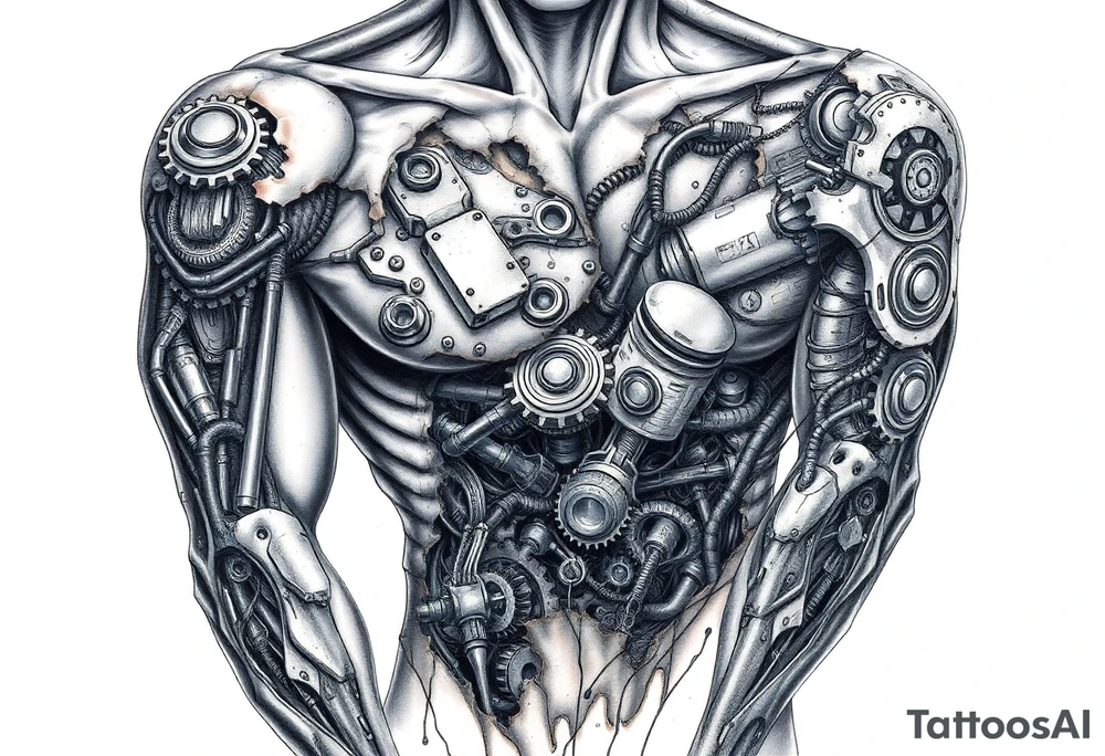 A full sleeve tattoo design The design features a melted skin effect, revealing detailed robotic parts and mechanical components underneath. The melted skin appears torn and organic, seamlessly transitioning to intricate gears, wires, and futuristic machinery beneath, creating a striking fusion of human and robotic elements. tattoo idea