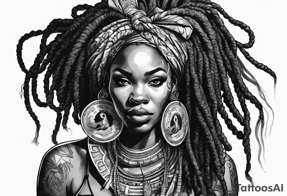 African woman with dreads medusa biting money tattoo idea