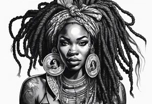 African woman with dreads medusa biting money tattoo idea