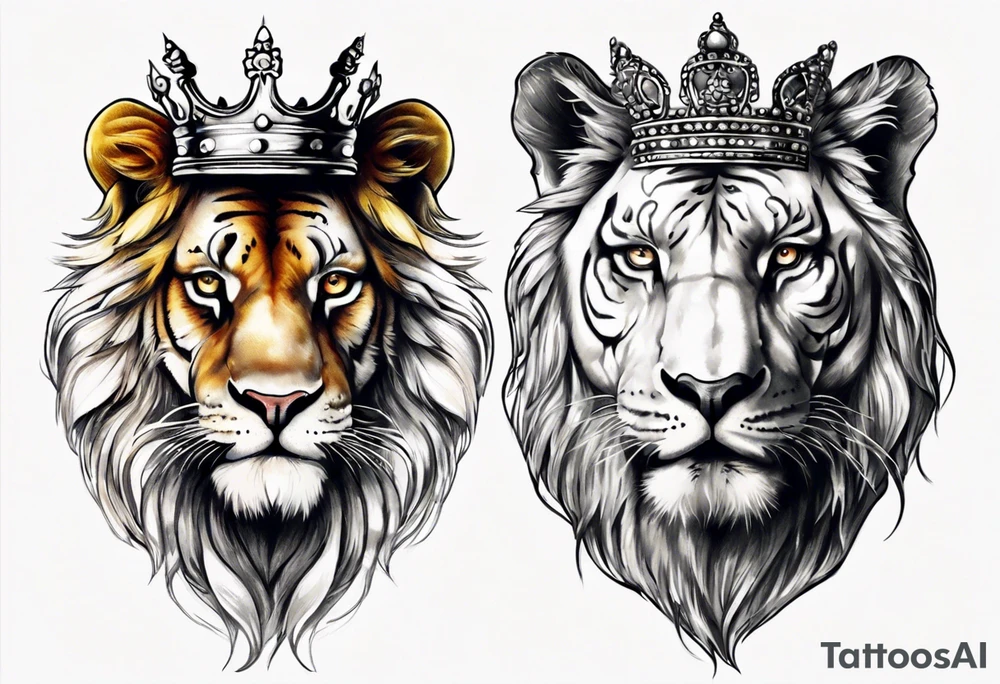 half face lion , half face tiger with a crown tattoo idea