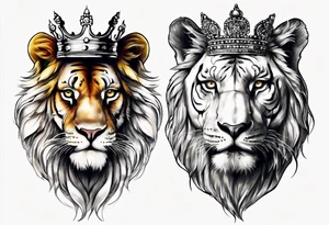 half face lion , half face tiger with a crown tattoo idea