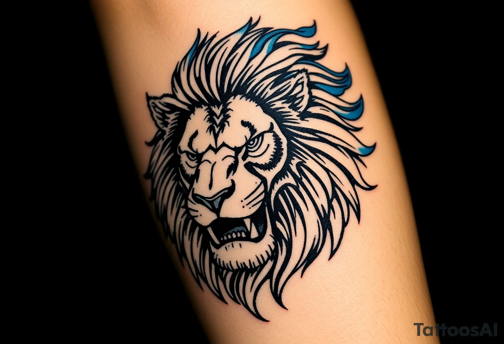 Powerful, fierce stoic lions head, whose mane turns into blue flames that swirl up my arm with blue embers tattoo idea