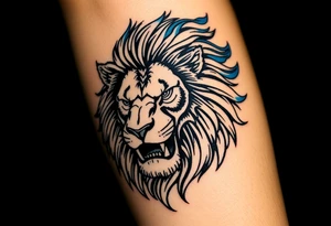 Powerful, fierce stoic lions head, whose mane turns into blue flames that swirl up my arm with blue embers tattoo idea