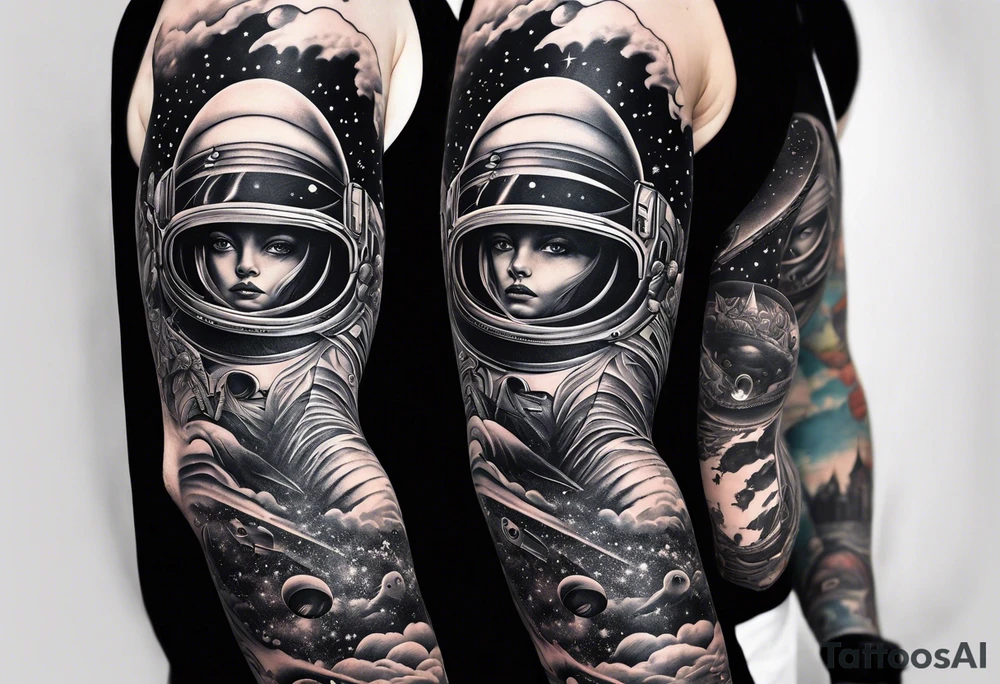 space themed arm sleeve with aliens ufos airplanes and rockets tattoo idea