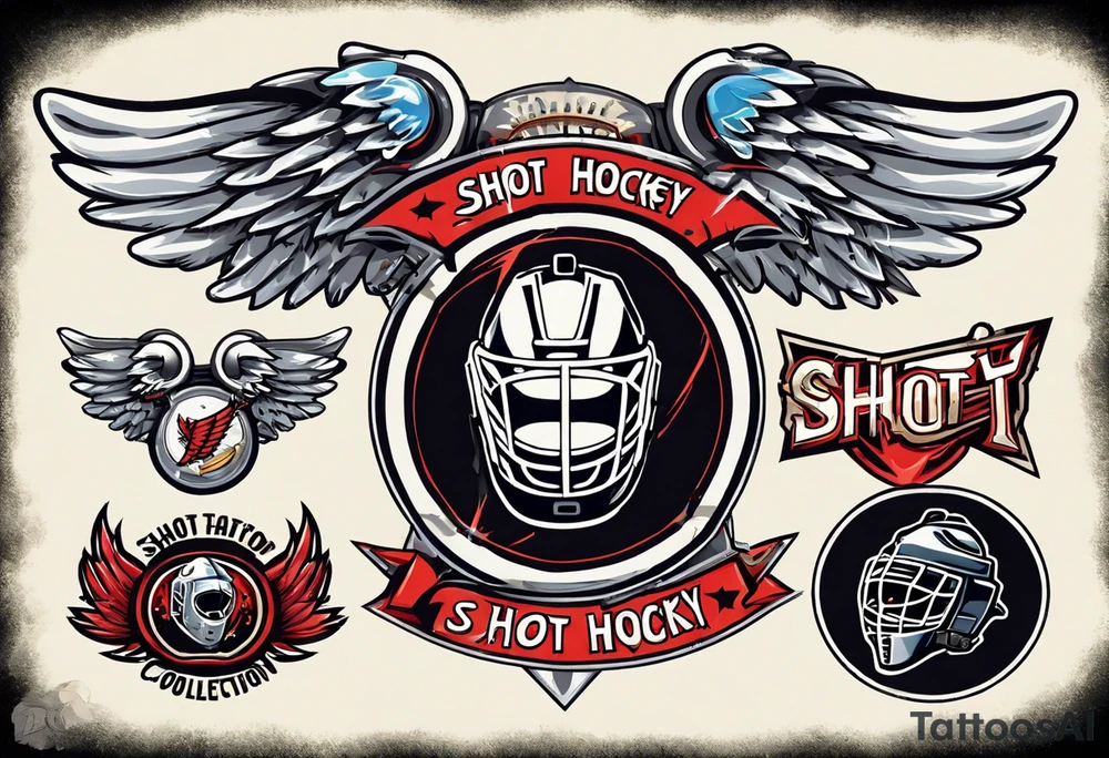 hockey puck with wings and a goalie mask that says "SHOT HOCKEY" tattoo idea