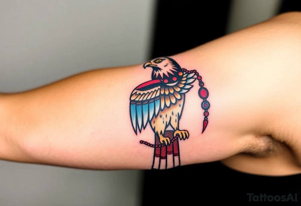 An Egyptian Falcon (Horus) Carrying a Rosary (only red , blue and black are possible colors) tattoo idea