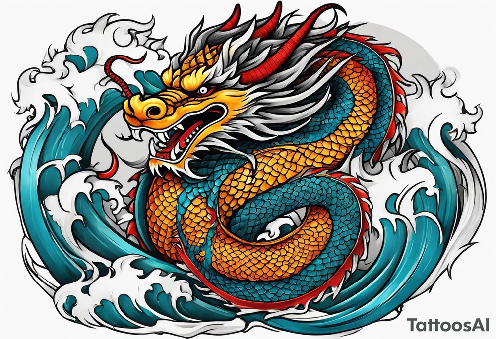 Asian dragon coiling around an anchor centered on the Korean flag tattoo idea