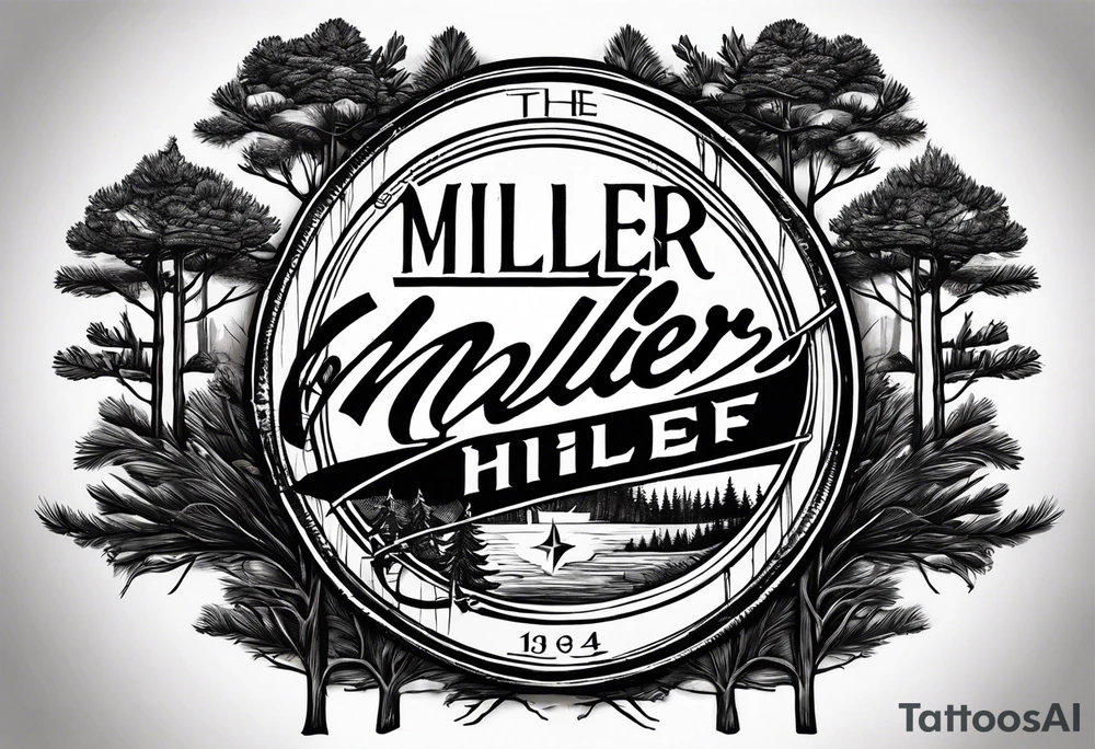 Using the Miller High Life font, intertwine the name miller into the trunk of a pine tree outlined by a compass tattoo idea