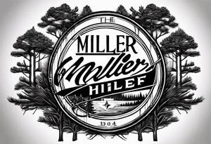 Using the Miller High Life font, intertwine the name miller into the trunk of a pine tree outlined by a compass tattoo idea
