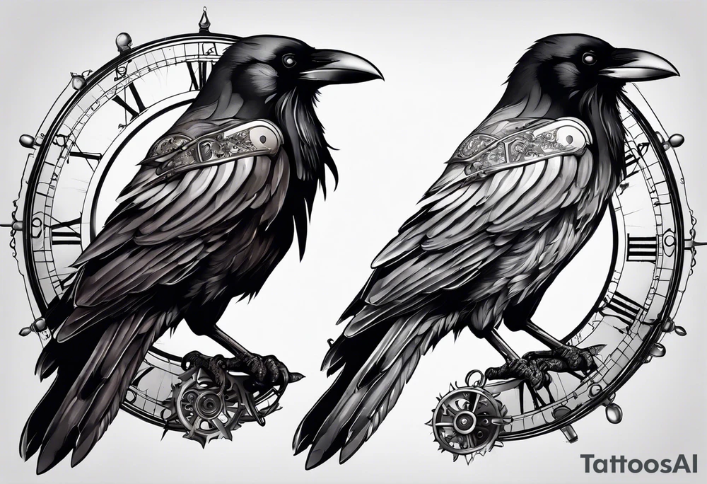 Raven sitting on a clockwork tattoo idea