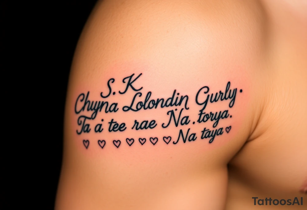 Cursive words that say, 

M.S.K

Chyna

Londyn

Gurly 

Tae tae 

Na jorya 

Na taya
 surrounded by little hearts & stars tattoo idea