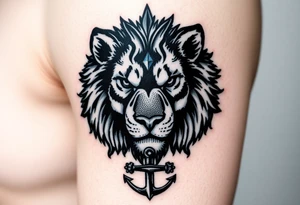 a fragmented depiction of a lions face revealing the eyes and face of both a Wolf and Bear, Compass Gears and an Anchor tattoo idea