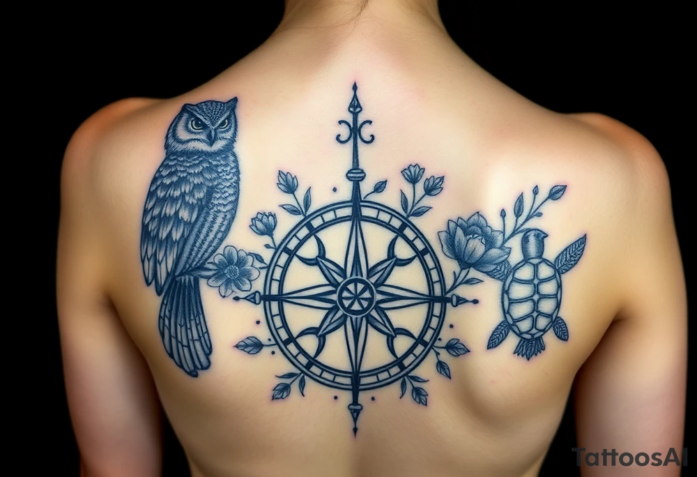 Full back owl on left shoulder flowers on right 3 turtles down spine use antique compass rose overlaid everywhere else tattoo idea