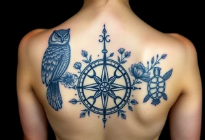 Full back owl on left shoulder flowers on right 3 turtles down spine use antique compass rose overlaid everywhere else tattoo idea