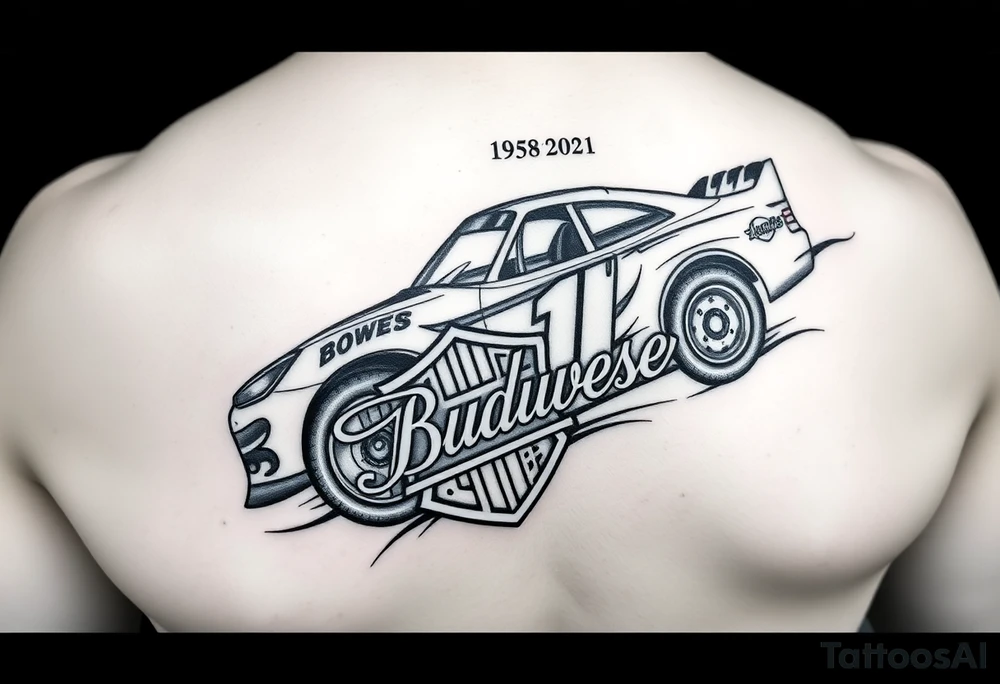 An arm tattoo with the original Dale Earnhardt car on it with the year 1958-2021 intertwined with a Harley-Davidson with a Budweiser logo on it tattoo idea