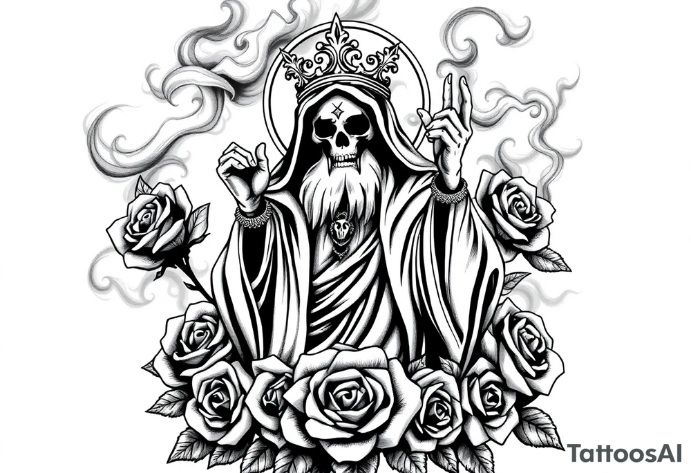 Evil Santa muerte rising out of smoke surrounded by 
 roses tattoo idea