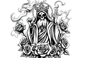 Evil Santa muerte rising out of smoke surrounded by 
 roses tattoo idea