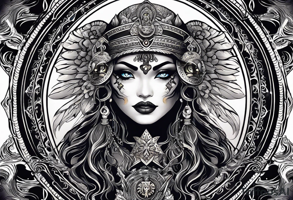 black kali, goddess pirate, alien, angel, pachamama, valkrye, warrior, flying, skull, lotus azul, wing, eagle, zenza resonance, stars, 5D, anahata chakra, death, durga, riding on a tiger, flying lady tattoo idea