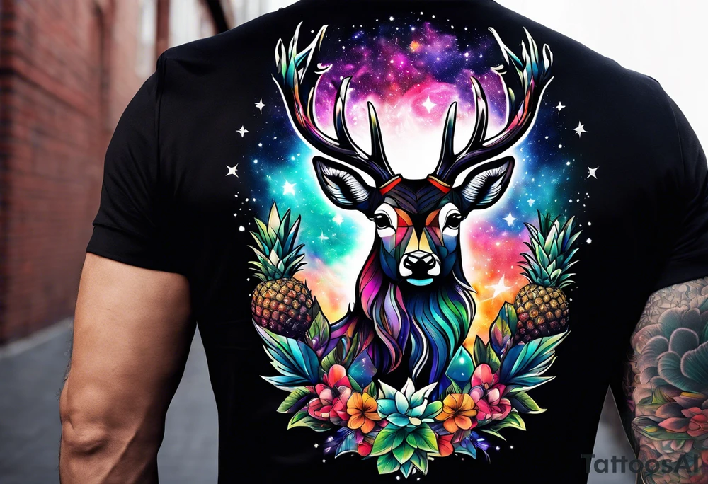 stag featuring colours of the universe and galaxies and pineapples in amsterdam tattoo idea