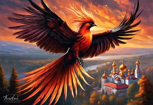 russian firebird in-flight with long fancy tail and 3 small onion cap monastery towers in background, with "Isaiah 43: 18-19" tattoo idea