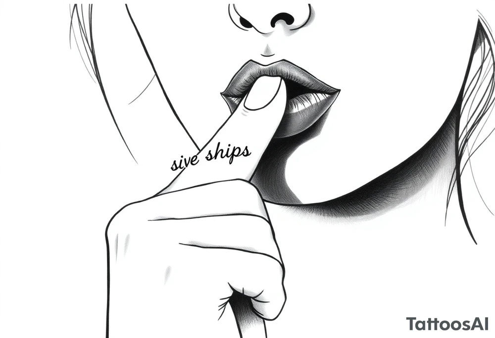 realistic portrait of sexualised woman with her finger to her lips. Must say on her finger: Loose lips sink ships tattoo idea