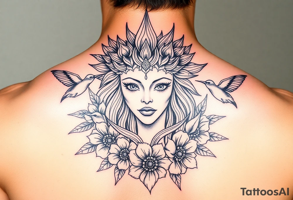 feminine medusa head surrounded by hummingbirds and flowers tattoo idea