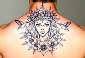 feminine medusa head surrounded by hummingbirds and flowers tattoo idea