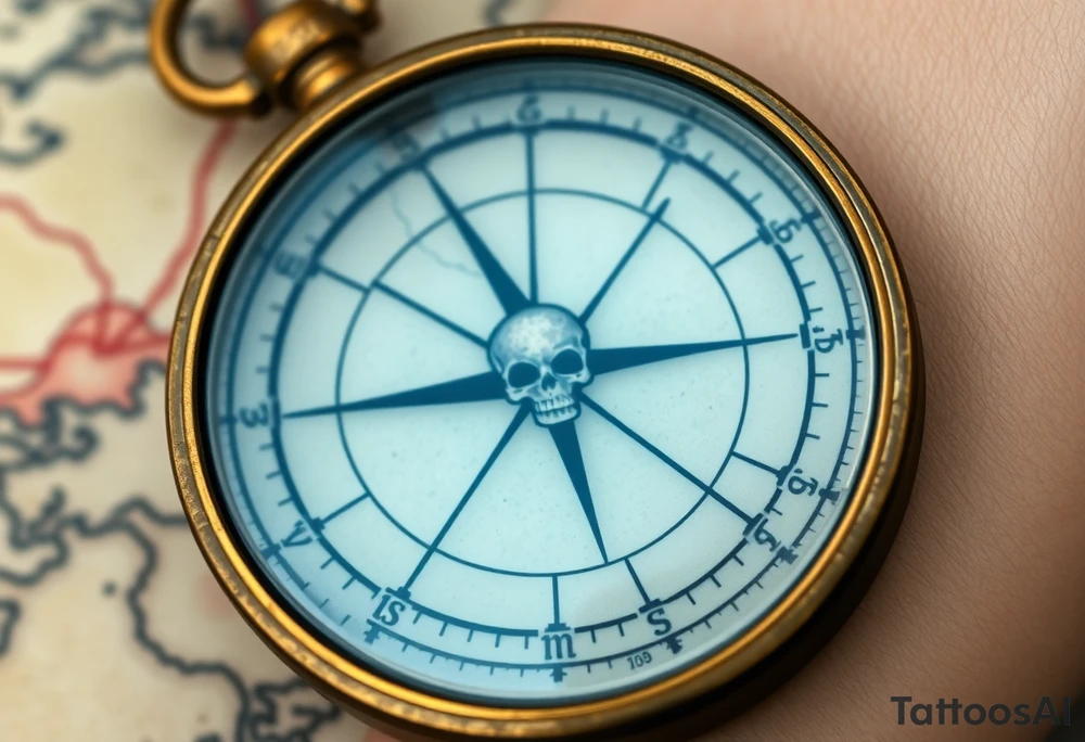 The Lone Compass – An antique brass compass with a cracked glass cover, resting on a weathered map with faded red markings. The north arrow is twisted, pointing toward an ominous skull island in the distance. tattoo idea