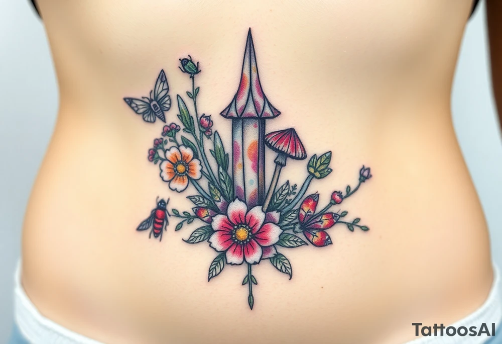 psychedelic  tattoo with crystals and  flowers and mushrooms bugs tattoo idea
