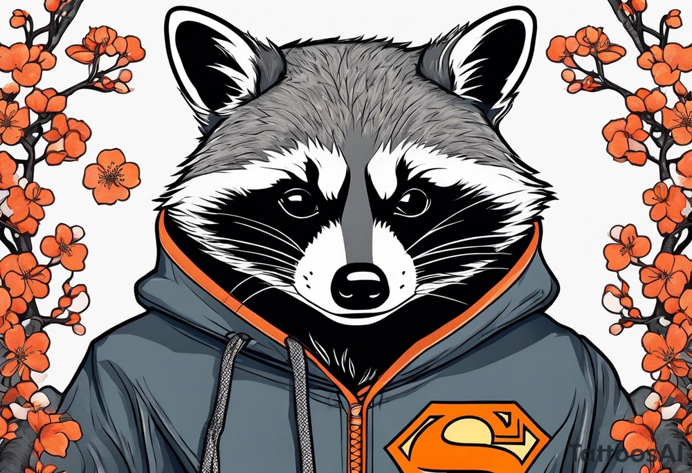 raccoon wearing a black and white Superman hoodie with orange Japanese cherry blossoms tattoo idea
