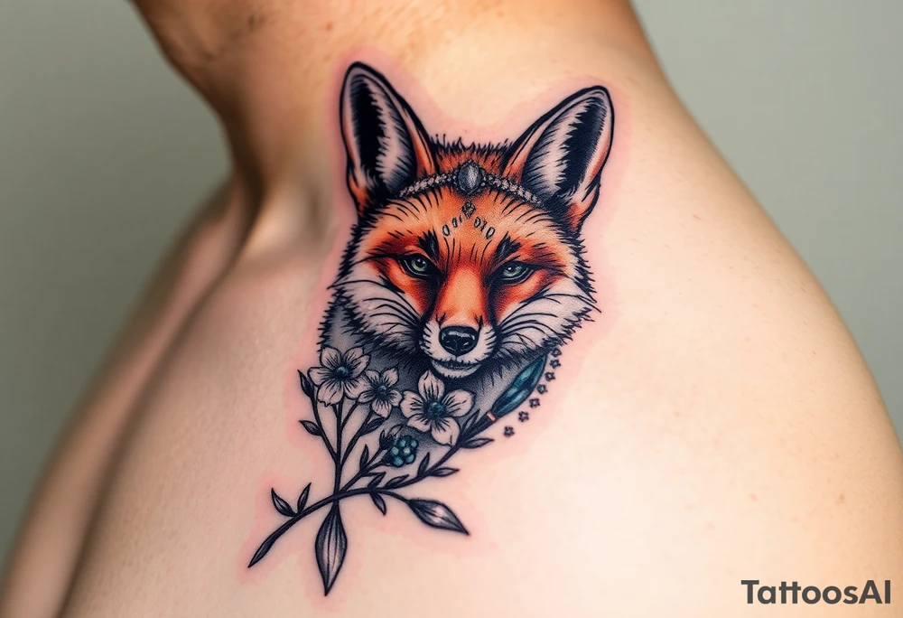 adult fox with jewelry smelling wild flowers tattoo idea