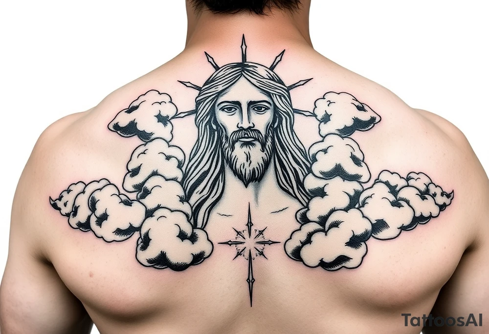 magestic christ with clouds black and white tattoo idea