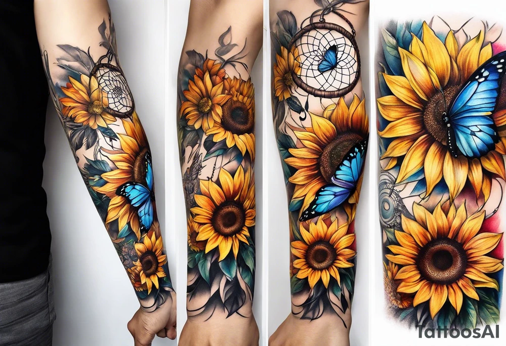 arm sleeve with dreamcatcher, rainbow sunflowers and one butterfly tattoo idea