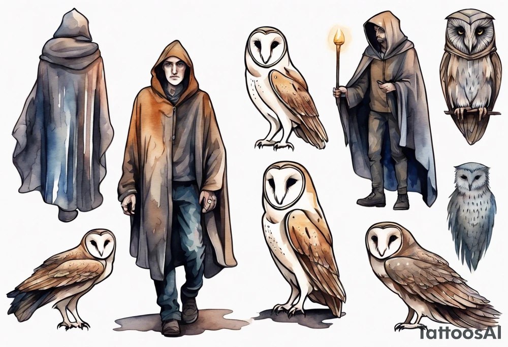 a thin man with the head of a barn owl and a medieval cloak walking at night tattoo idea