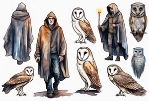 a thin man with the head of a barn owl and a medieval cloak walking at night tattoo idea