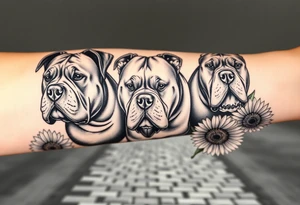 Three very thick muscled up pitbull portraits fading into the background as filler incorporate sunflowers, an old road made from pavers tattoo idea