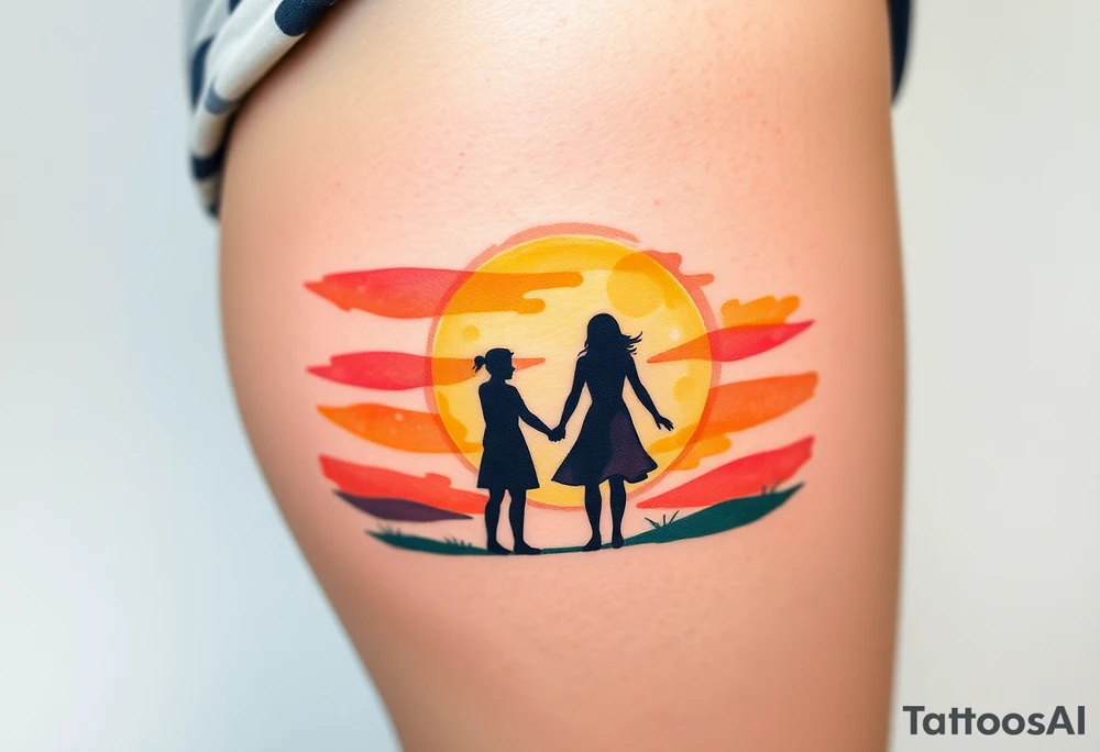 A soft watercolor sunset with two silhouetted figures holding hands, symbolizing a lifetime of love and support tattoo idea