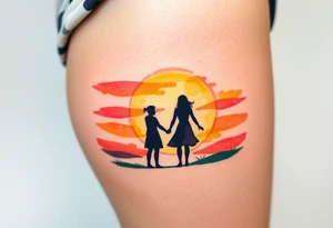 A soft watercolor sunset with two silhouetted figures holding hands, symbolizing a lifetime of love and support tattoo idea