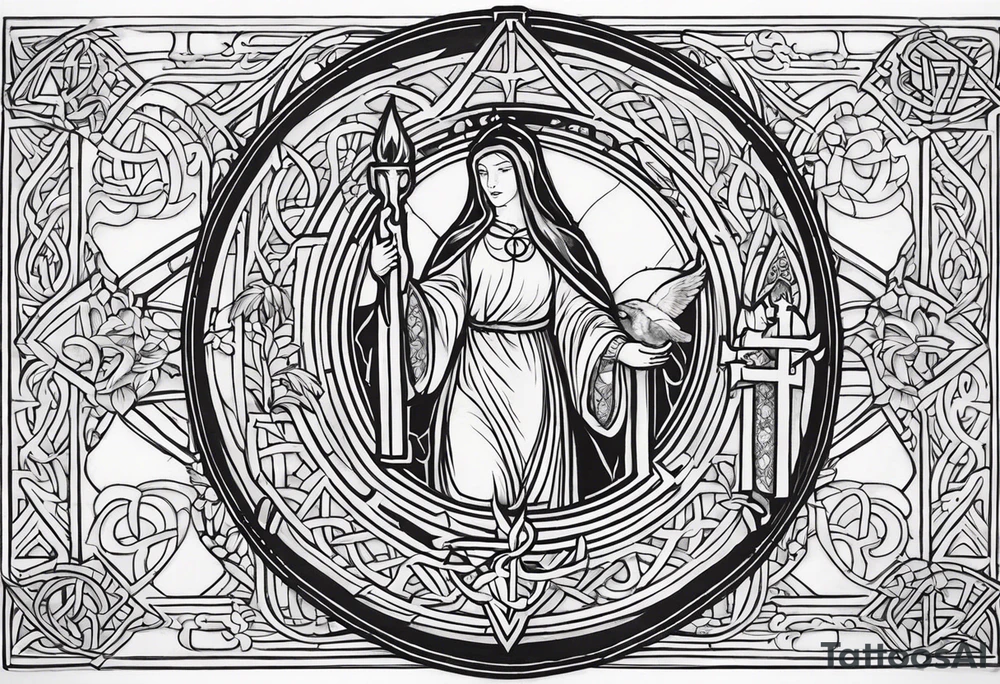 A full back piece themed on the surname mcbride and the irish saint brigid. It should take inspiration from artwork of saint brigid holding fire in her hands. It should have the text Vincit Pericula Virtus on it tattoo idea