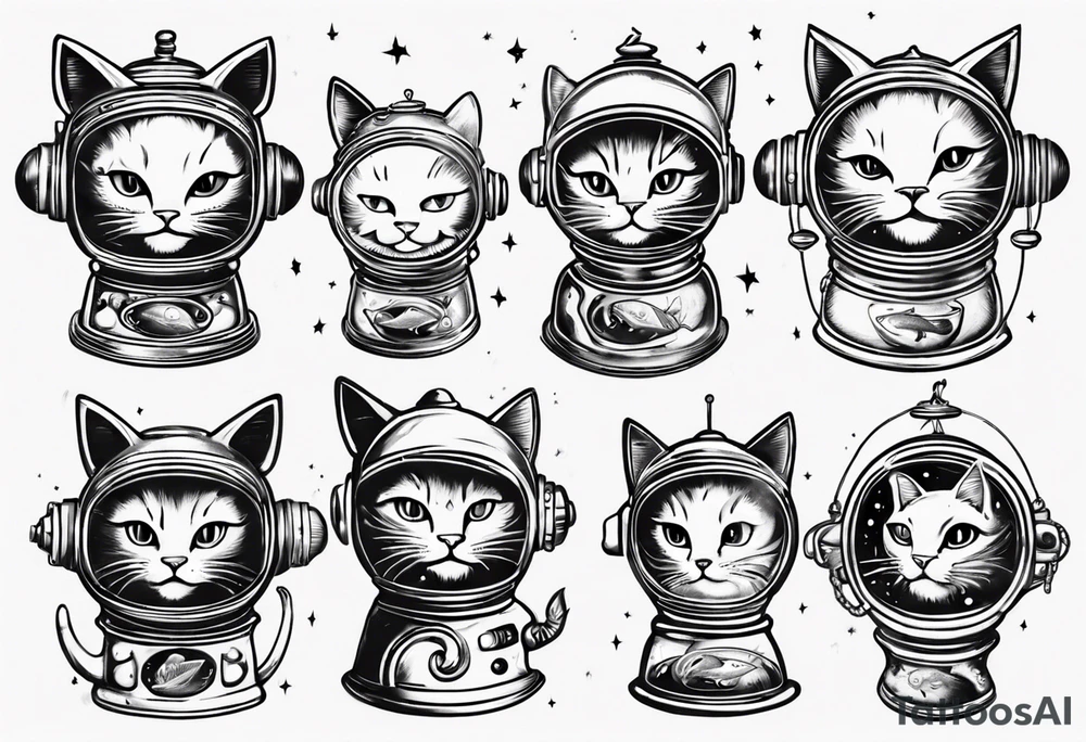 Space cat with a fish bowl on head tattoo idea