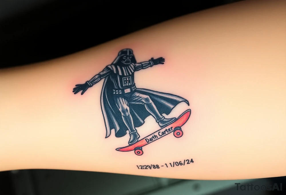 Darth Vader skateboarding > bullets > in loving memory > colors
add words "Darth Carter" to skateboard
add date 12/29/88-01/06/24 tattoo idea