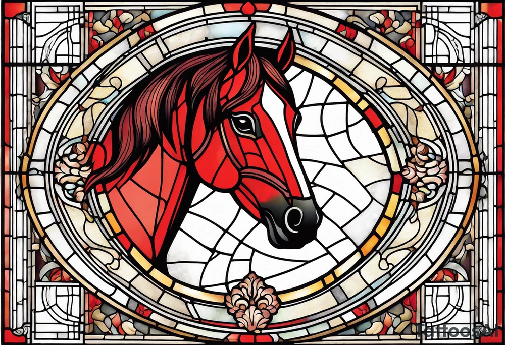 arch shape stained glass window with a red horse's head. tattoo idea