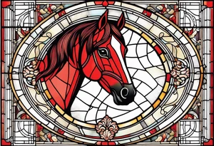 arch shape stained glass window with a red horse's head. tattoo idea