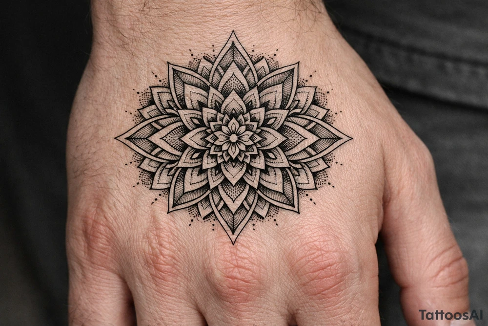 Geometric mandala extension — continuing an existing hand mandala outward with linework petals, sacred-geometry fillers and dotwork shading into the empty skin., Blackwork / geometric dotwork, fine linework, symmetrical mandala style tattoo idea