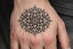 Geometric mandala extension — continuing an existing hand mandala outward with linework petals, sacred-geometry fillers and dotwork shading into the empty skin., Blackwork / geometric dotwork, fine linework, symmetrical mandala style tattoo idea