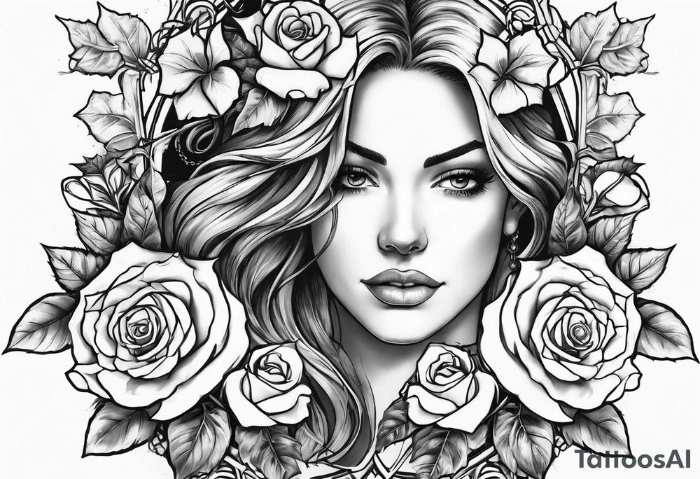 Broken sword with roses and ivy tattoo idea