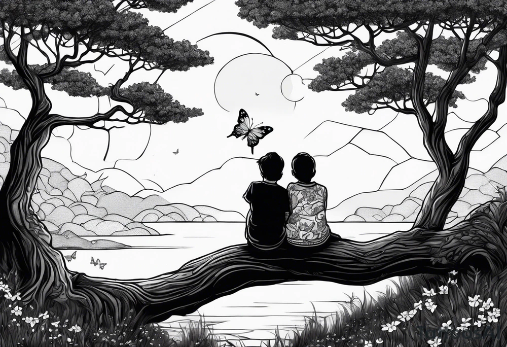 Two siblings watching a starfall by the sea. They are sitting on a tree branch in the woods and having an beutiful butterfly by There side tattoo idea