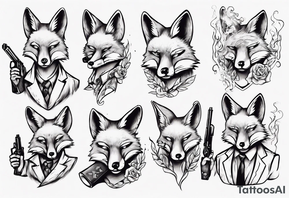 a fox holding a gun and smoking a coggarte tattoo idea